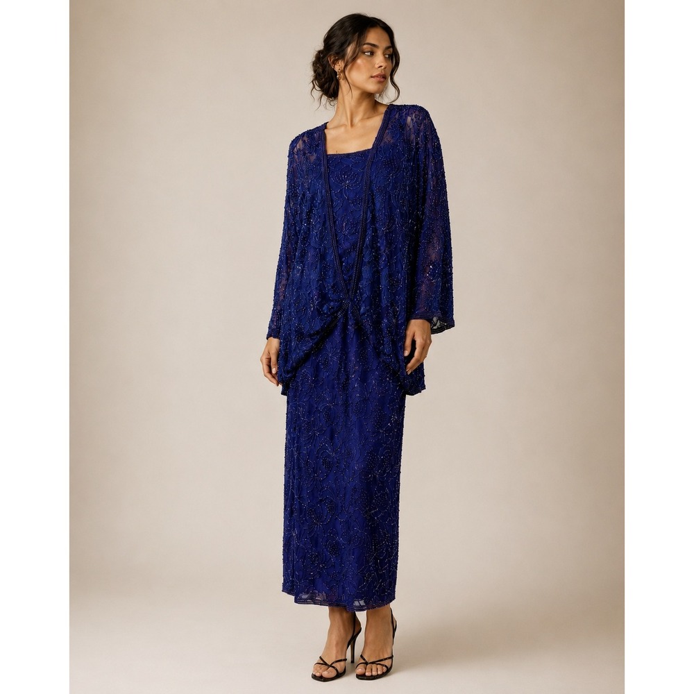 La Divina Beaded Art Deco Dress Womens XL Blue Vintage Sequin Maxi Drop Waist